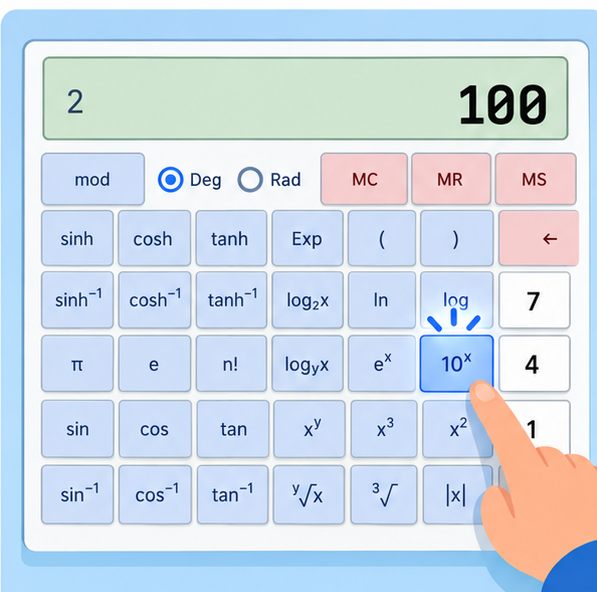 The 10^x antilog button highlighted on the GATE virtual calculator display