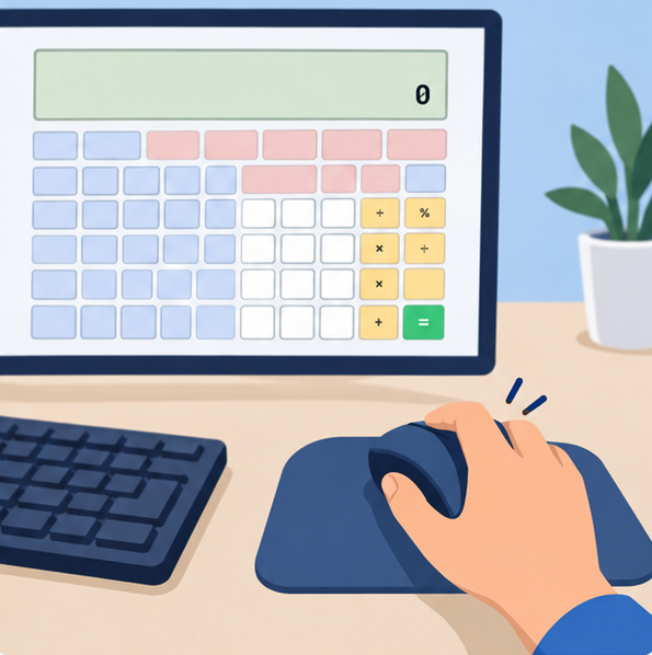 Hand using a mouse to click virtual calculator buttons with keyboard pushed aside