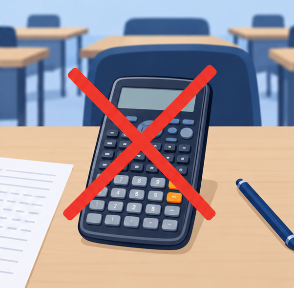 Physical scientific calculator with a red X showing it is banned in the GATE exam