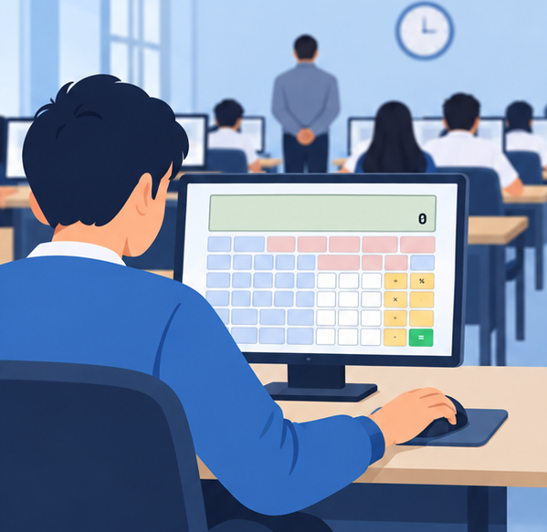 Student using the TCS iON virtual calculator on a desktop computer during the GATE exam