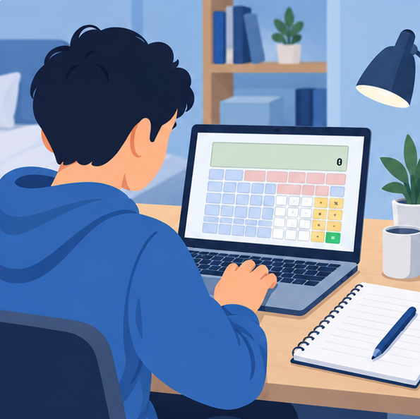 Student practicing with the GATE virtual calculator on a laptop at home